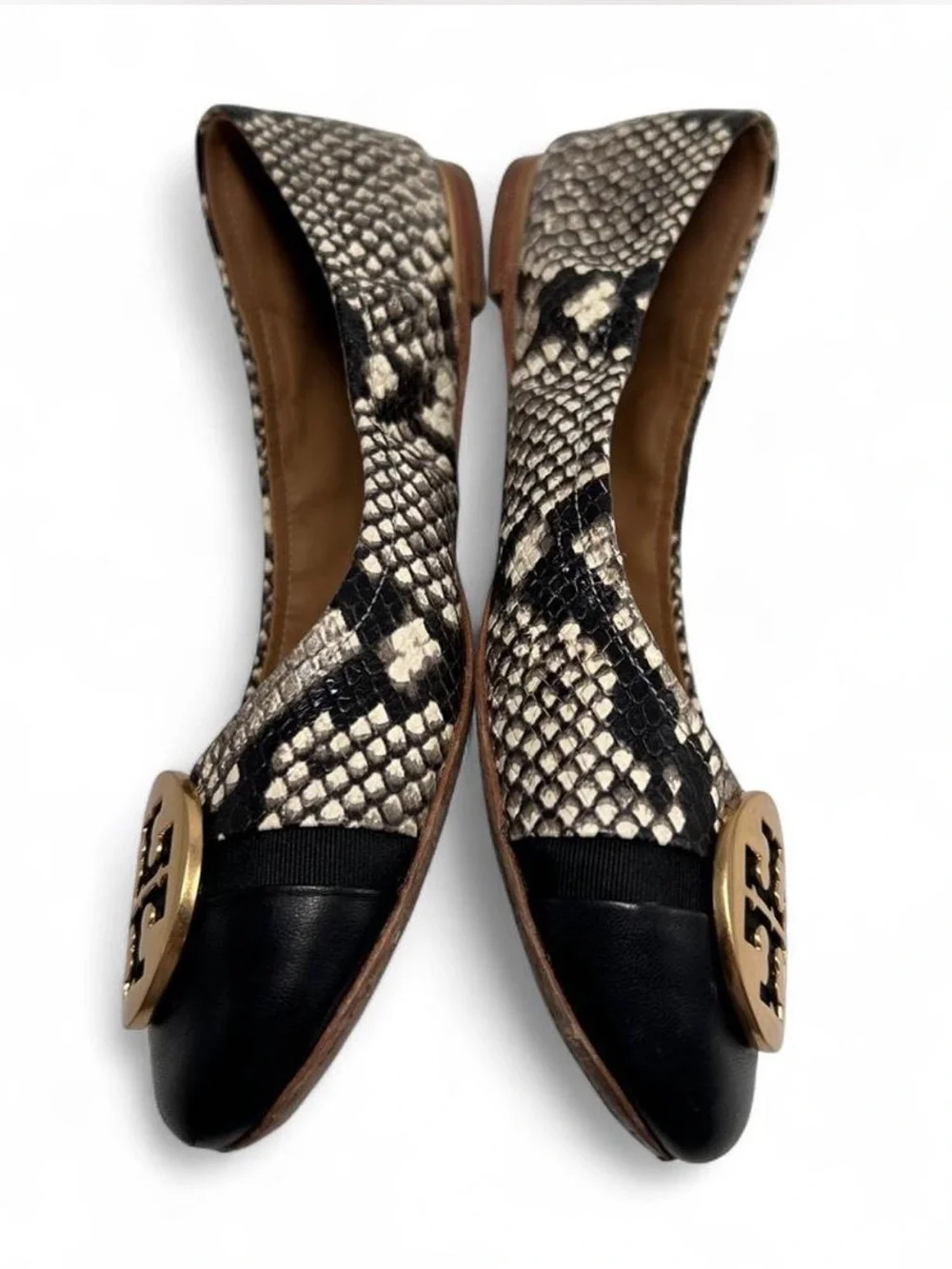 Tory Burch Minnie Cap-Toe Ballet Flats in a stamped python/snakeskin leather.